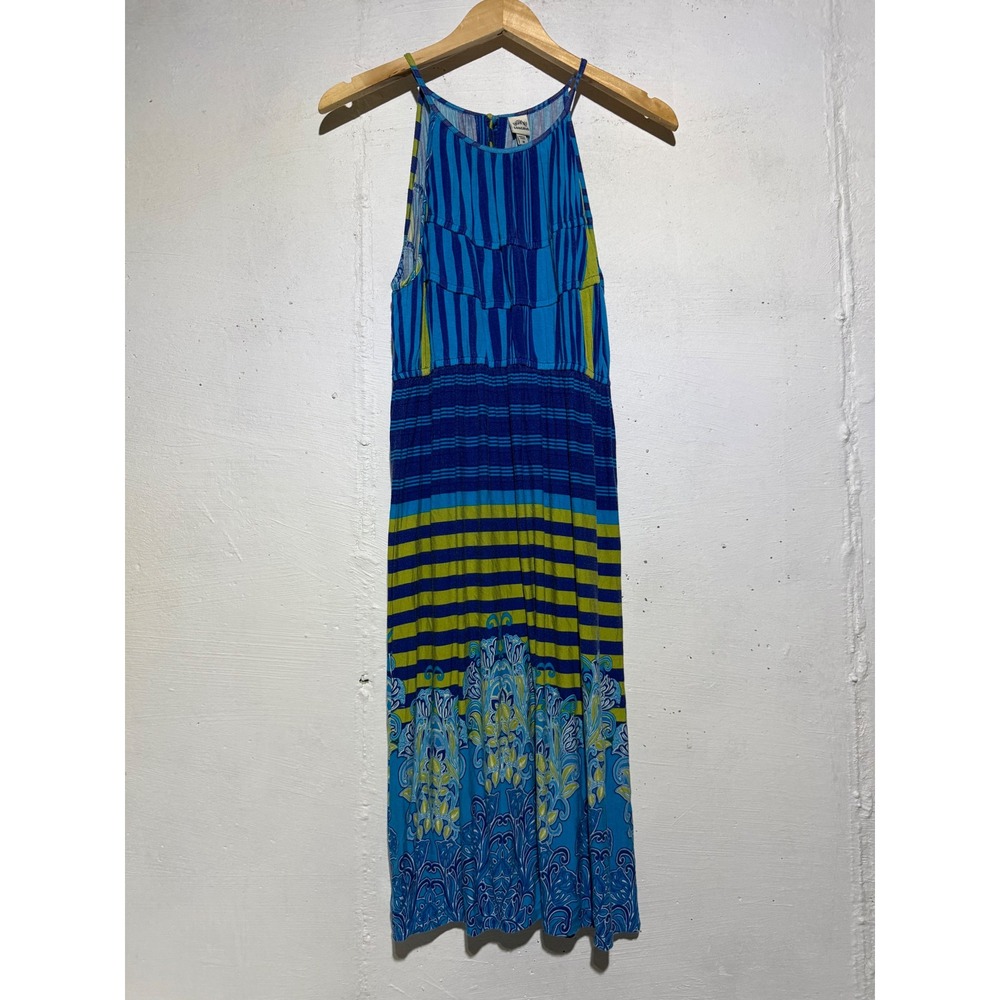 Sangria Womens M Blue Striped Paisley Halter Midi Dress Rayon Stretch Boho Beach